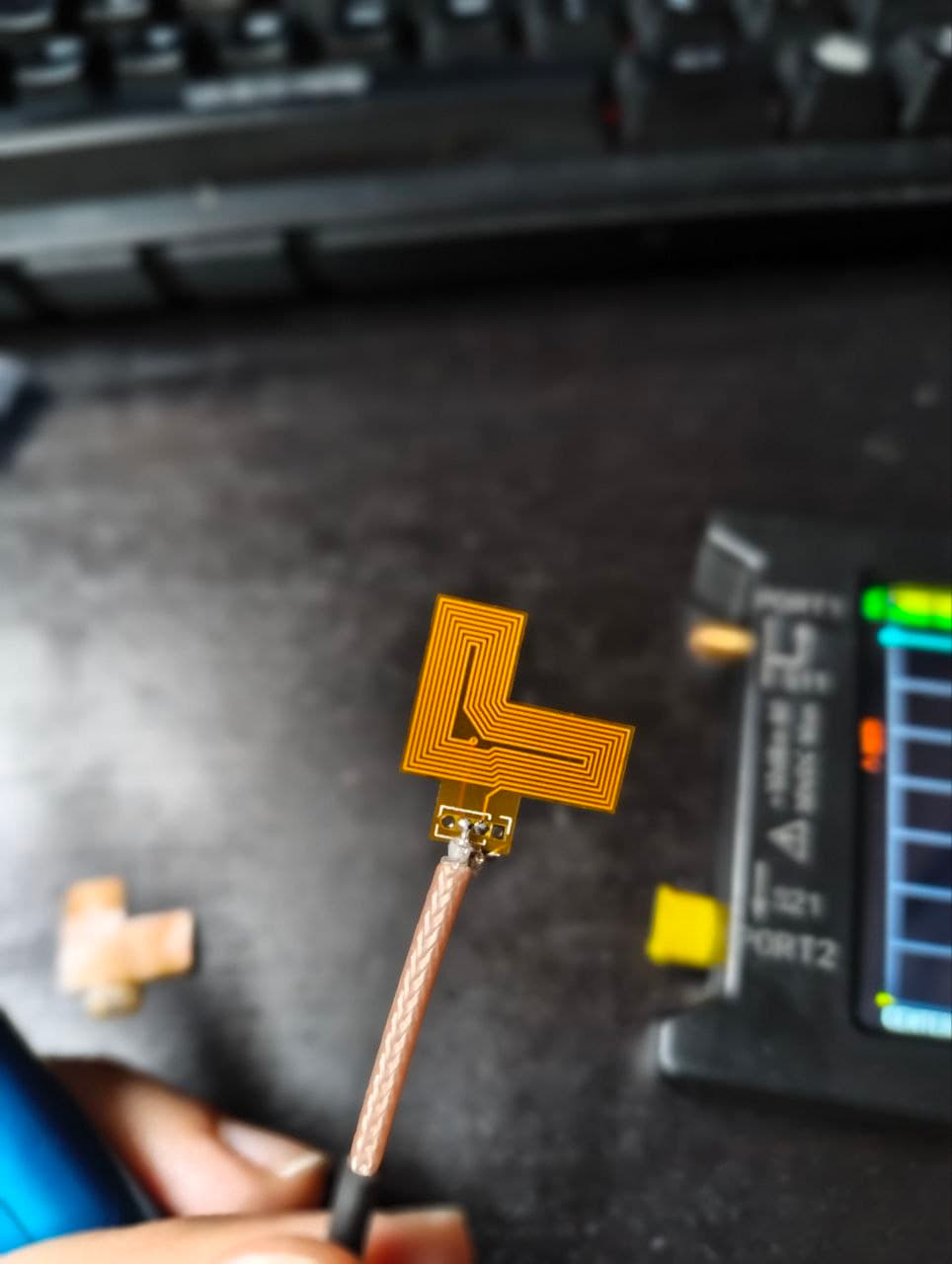 The FPC antenna soldered to an SMA connector.